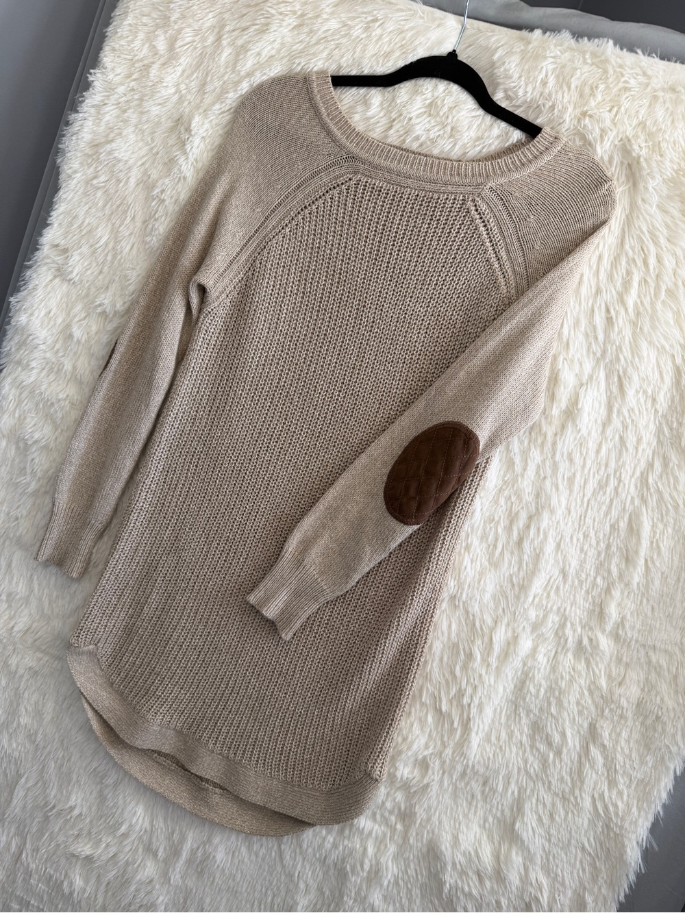 Womens Elbow Patch Knit Tunic Sweater Size S Beige Preppy Academia Cabincore